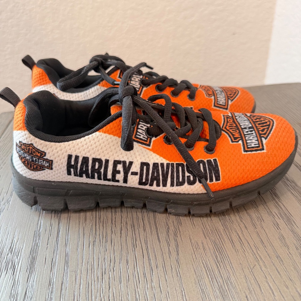 Harley-Davidson Kids Orange White Mesh Logo Sneakers‎ Shoes Size 36 EU